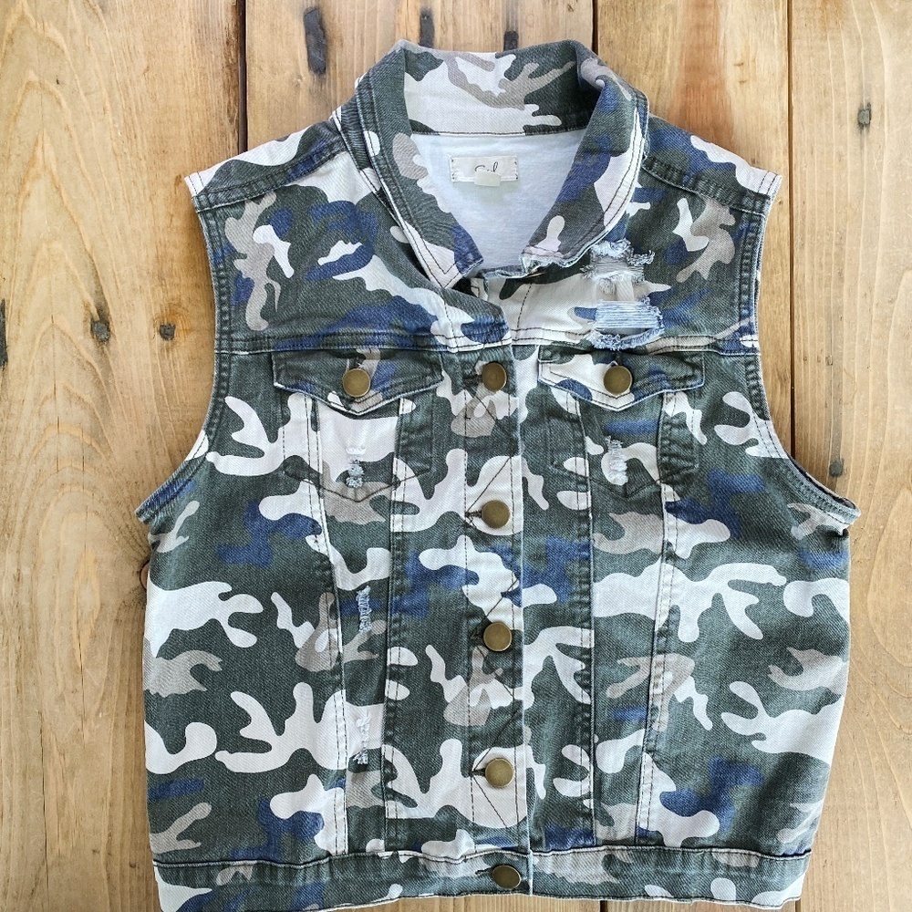 Easel Los Angeles Camo Denim Vest Jacket‎ Camouflage M